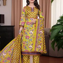 Pionex Women Floral Printed Cotton Kurta with Trousers & Dupatta-picture-2