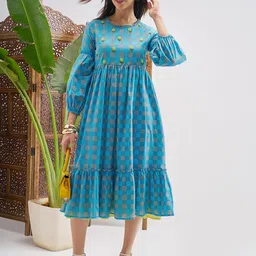 Vishudh Checked Printed Puff Sleeve Ruffled Round Neck Tiered A-Line Midi Dress-image-2