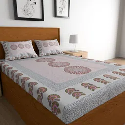METRO LIVING Pink & White Ethnic Motifs Printed Cotton 104 TC Queen Bedsheet Set-image-33