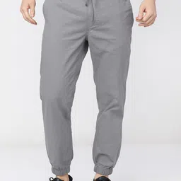 Men Tapered Grey Cotton Blend Trousers-image-53