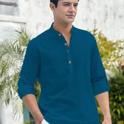 BHUVIKOO Band Collar Roll-Up Sleeves Straight Short Kurta-picture-27