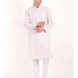 QUMASH FASHION Striped Mandarin Collar Chikankari Khadi Cotton Kurta-picture-28