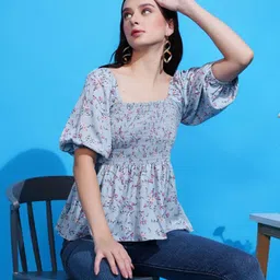 Boholyfe Floral Print Smocked Crepe Peplum Top image 5