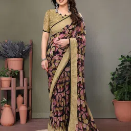 DIVASTRI Floral Embroidered Pure Georgette Block Print Saree-image-46