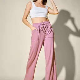 QIOA Women Solid Relaxed Fit Mid-Rise Casual Wide Leg Trousers image 3