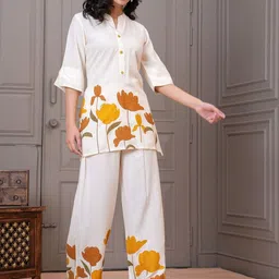 Lyzoo Embroidered Mandarin Collar Tunic & Trousers Co-Ords Set image 3