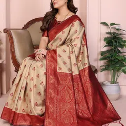 WOVENSTOCK Women Ethnic Motifs Zari Kanjeevaram Saree image 5