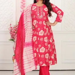 PickALook Floral Printed Panelled Cotton Silk A-Line Kurta With Trousers & Dupatta-picture-13