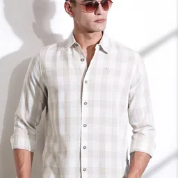 Thomas Scott Men Classic Slim Fit Spread Collar Windowpane Checked Cotton Casual Shirt-picture-19