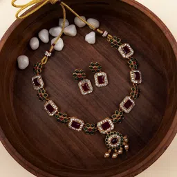 StileAdda Gold-Plated Artificial Studded & Beaded Necklace With Earrings-image-55