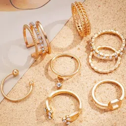 Vembley Set Of 8 Gold-Plated Artificial Stones Studded Moon Star Finger Rings-image-24