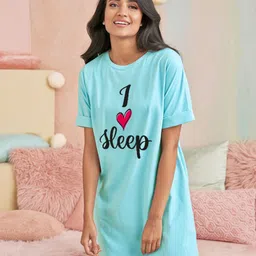FFLIRTYGO Women Pure Cotton Turquoise Printed Nightdress-image-24