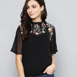 harpa Casual Flared Sleeves Embroidered Women Black Top-picture-21