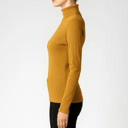 elistyles Women Self Design Turtle Neck Cotton Blend Yellow T-Shirt image 4