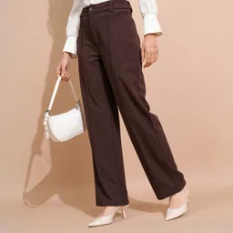 tokyo talkies Women Straight Fit Brown Cotton Blend Trousers-picture-16