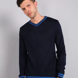 metronaut Men Solid V Neck Blue Sweater image 1