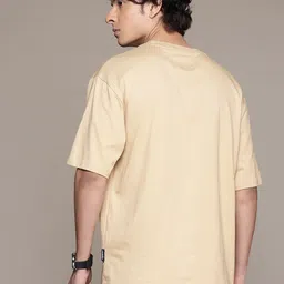 roadster Men Printed Round Neck Pure Cotton Beige T-Shirt image 4