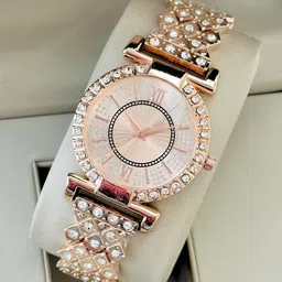nitya Womens Watch and Bracelet Set Elegant Womens Diamond Watches Shiny Rhinestone Analog Watch- For Women ROSEGOLD steel band full diamond watch image 4