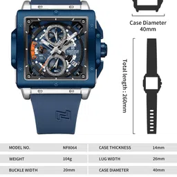 naviforce Elegant Square Silver& Blue accents chronograph dial with Blue Silicon strap Analog Watch - For Men NF8064 Unique Craftmanship image 3