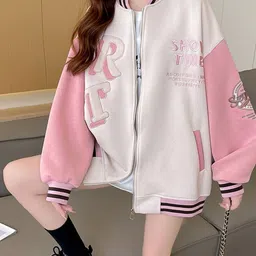 HERE&NOW Women Stand Collar Typography Printed Bomber Jacket image 4