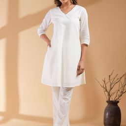Janasya Dobby Pure Cotton Self Design V-Neck A-line Co-ords Set-picture-40