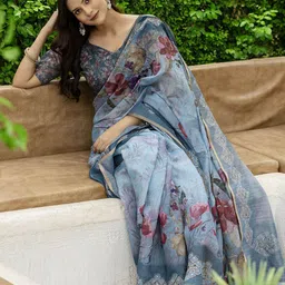 Satrani Floral Printed Zari Saree image 5