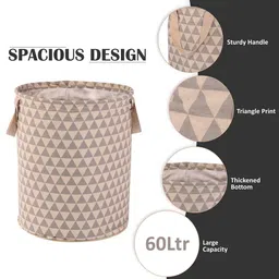 Aura 3Pcs Grey & Brown Triangle Printed Cotton Foldable Laundry Bags - 60 L Each image 4