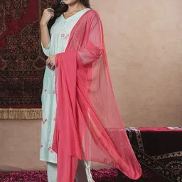GoSriKi Floral Embroidered Thread Work V-Neck Straight Kurta With Trouser & Dupatta-picture-18