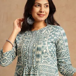 KALINI Women Ethnic Motifs Printed Pleated Thread Work Pure Cotton Kurta with Palazzos & With Dupatta image 5