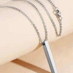Peora Men Silver-Plated Stainless Steel 3D Cuboid Vertical Bar/Stick Pendant With Chain-image-92