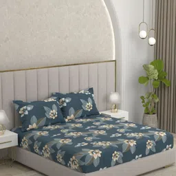 Pure Decor Amulya Blue Floral Microfiber 210 TC Double Queen Bedsheet Set-2.28mX2.54m-image-3