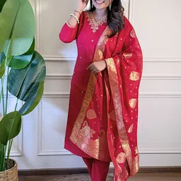 Siya Fashion Ethnic Motifs Embroidered Sequinned A-Line Kurta With Trousers & Dupatta-image-42