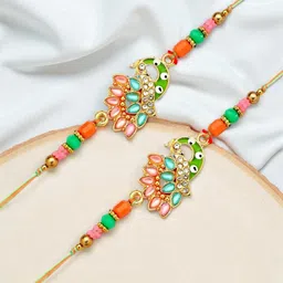 ADIVA Set Of 2 CZ Studded & Beaded Thread Rakhis With Pooja Thali & Roli Chawal-picture-36