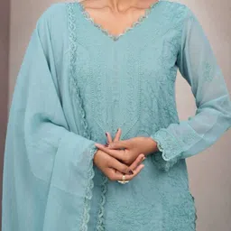 VAAZI CREATOR Floral Embroidered V-Neck Straight Chikankari Kurta With Palazzos & Dupatta image 5