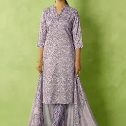 Anouk Floral Printed V-Neck Straight Kurta With Trousers & Dupatta image 3