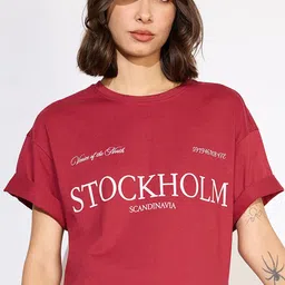 Mast & Harbour Women Typography Printed Round Neck Cotton Oversized T-shirt-picture-28