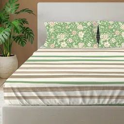 URBAN SPACE Green Striped 144 TC King Bedsheet with 2 Pillow Covers image 2