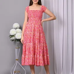 VYMO Floral Printed Square Neck Smocked Tiered Fit & Flare Midi Dress-image-29