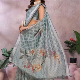 HERE&NOW Green Printed Linen Blend Jamdani Sarees image 4