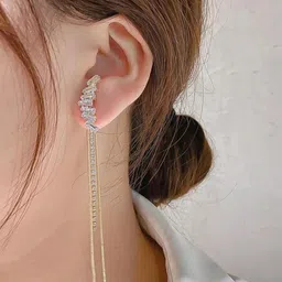 Vembley Gold-Plated Crystal Studded Geometric Tassel Korean Drop Earrings image 2