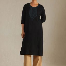 Soch Striped Embroidered Thread Work Round Neck Pure Cotton Straight Kurta-picture-8