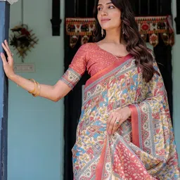 ALMAARI FASHION Ethnic Motifs Printed Pure Cotton Jamdani Saree And Unstitched Blouse image 2