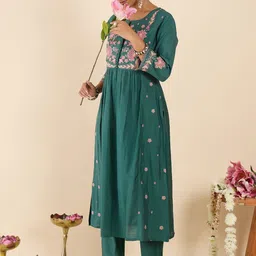 Indo Era Embroidered Round Neck Top With Trousers Co-Ords Set-image-47