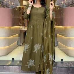 GoSriKi Floral Printed Pleated Round Neck Anarkali Kurta With Trousers & Dupatta image 3