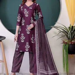 Ethnic 3 You Women Ethnic Motifs Printed Regular Thread Work Pure Cotton Kurta with Trousers & With Dupatta image 3