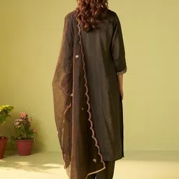 Indo Era Women Ethnic Motifs Embroidered Regular Thread Work Liva Kurta with Trousers & With Dupatta image 3