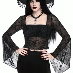 clobug Women Printed Bell Sleeve Net Fitted Crop Top-picture-17