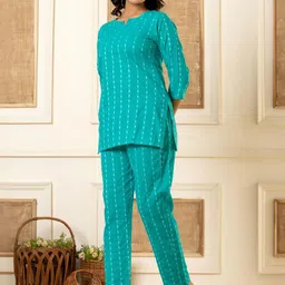 PUSHPRAJ FASHION Women's Katha Cotton Round Neck Half Sleeves Striped Pritned Regular Fit Kurta Set (Rama Green -2XL) image 3