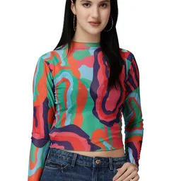 Popwings Women Geometric Print Halter Neck Net Crop Top image 3