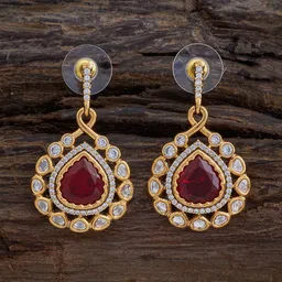 Kushal's Fashion Jewellery Copper Kundan Studded Teardrop Shaped Drop Earrings image 1